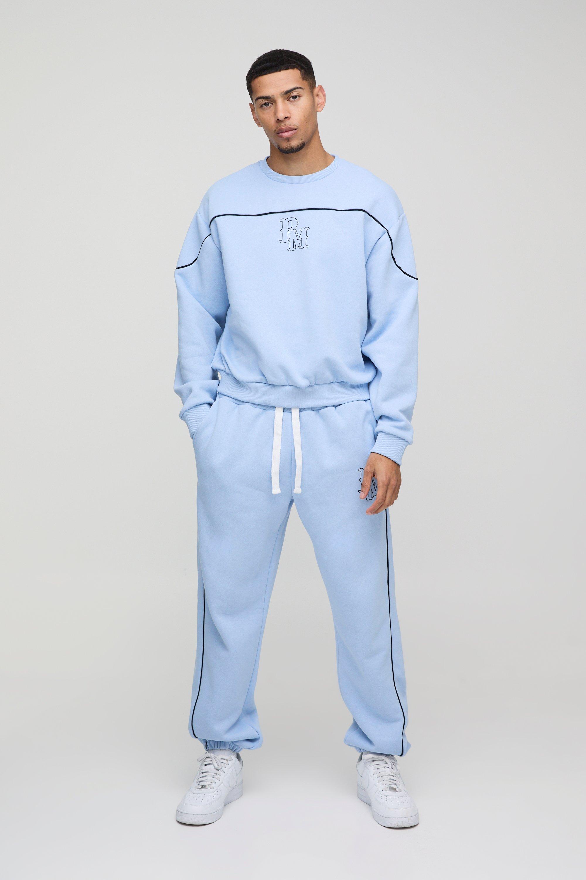 Mens Blue Oversized Boxy BM Piping Sweatshirt Tracksuit, Blue